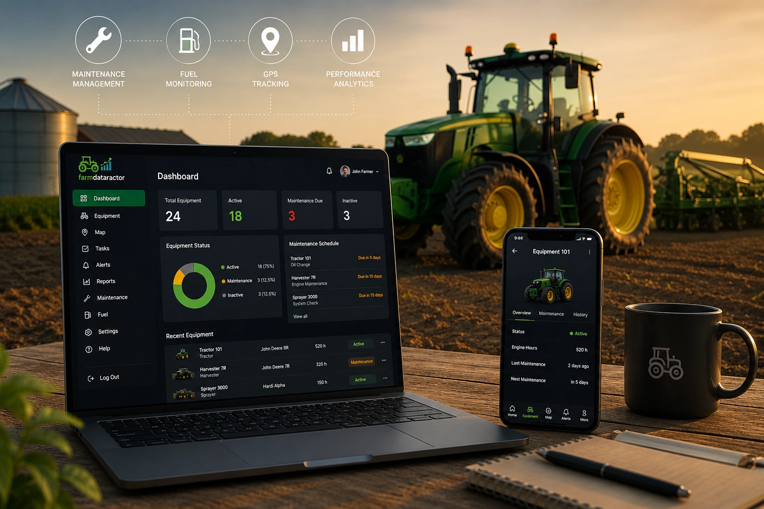 farmdataractor equipment management dashboard showing real-time tractor tracking, maintenance status and field operations