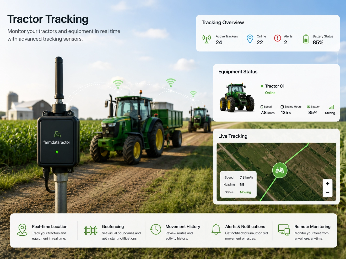 farmdataractor IoT sensor monitoring system showing tractor tracking, environmental sensors, live field data and remote equipment monitoring