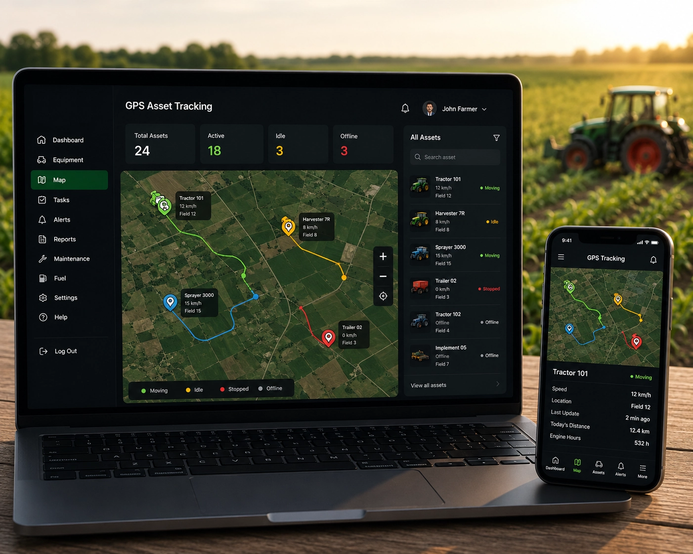 farmdataractor GPS asset tracking dashboard showing live tractor locations, route history and real-time farm equipment monitoring