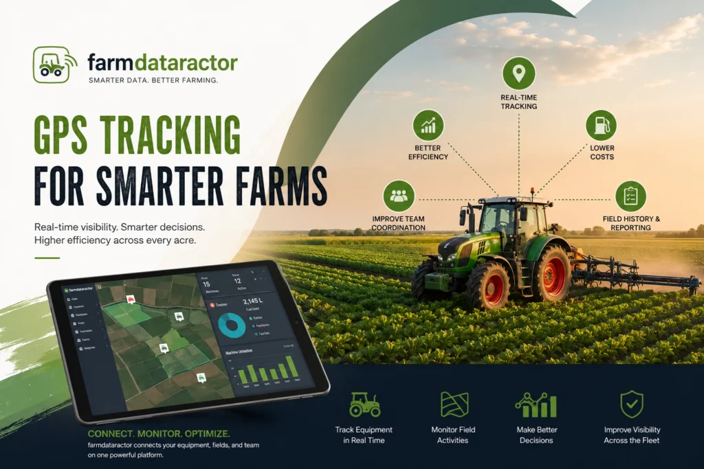 GPS tracking helps farms improve equipment utilization, reduce idle time, lower fuel costs, and gain real-time visibility across field operations with farmdataractor.