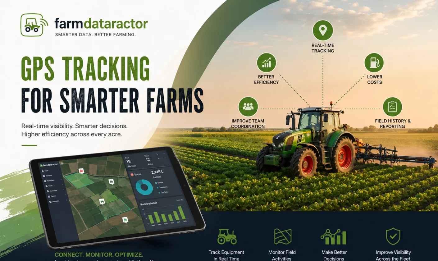 GPS tracking helps farms improve equipment utilization, reduce idle time, lower fuel costs, and gain real-time visibility across field operations with farmdataractor.